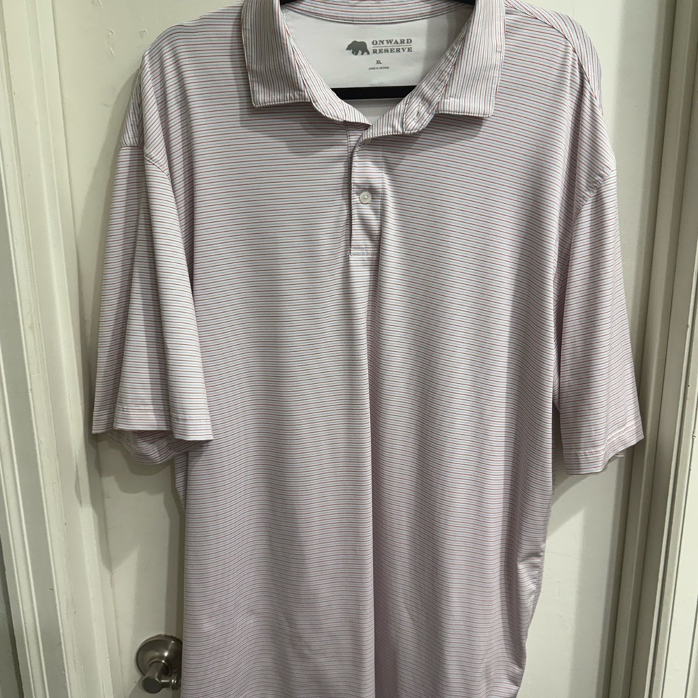 Onward Reserve White and Red/Blue Striped Performance Polo Shirt